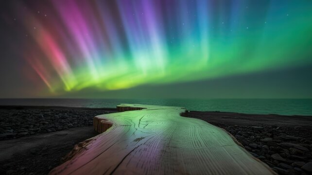 Vibrant aurora borealis dances across a starry night sky over a tranquil frozen landscape.