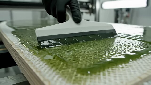 Applicator Smoothing Resin on Wood With Fiberglass for Composites