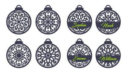 Set of Christmas ball ornaments with snowflakes and space for a name or greeting. Stencil template for laser cutting. Holiday decoration, personalized festive gifts decor. Black and white silhouette