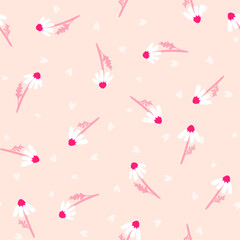 Vector love chamomile seamless pattern. Hand drawn white flowers and hearts on soft pink background. Floral cute print for Valentines day wallpaper, fashion print design, fabric, textile, decoration.