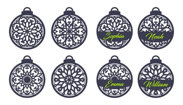 Set of Christmas ball ornaments with snowflakes and space for a name or greeting. Stencil template for laser cutting. Holiday decoration, personalized festive gifts decor. Black and white silhouette