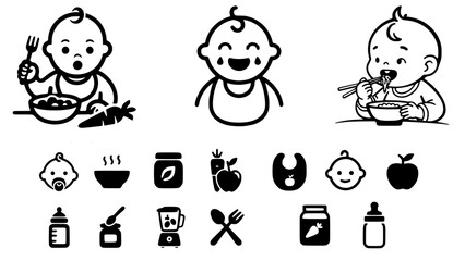Baby Food and Feeding Vector Icons Set - Monochrome Line Art