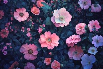 Vibrant flower display with pink and purple toning. AI image