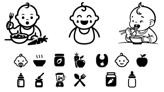Baby Food and Feeding Vector Icons Set - Monochrome Line Art