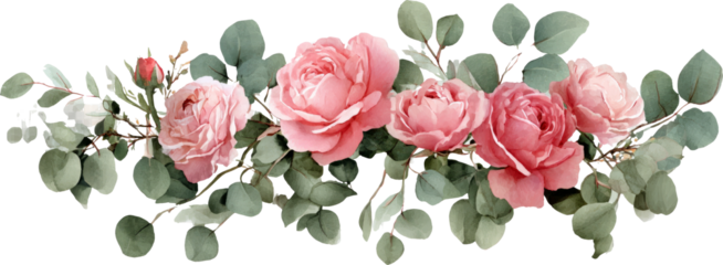 Romantic rose garland, pink flower border, watercolor botanical, vintage style, delicate foliage