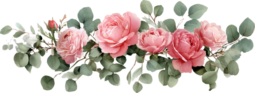 Romantic rose garland, pink flower border, watercolor botanical, vintage style, delicate foliage
