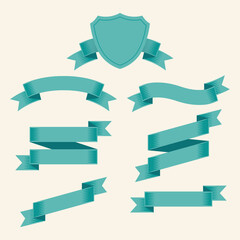 A collection of six flat-style, teal or turquoise ribbon banners and scrolls. Use these blank, flowing ribbons for festive, decorative, or announcement. Isolated vector illustration.