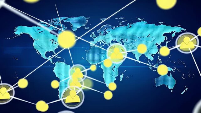 A futuristic animation depicts a vibrant global network overlaying a dotted digital world map. Bright yellow glowing circles, some symbolizing generic user profiles or data nodes, dynamically emerge a