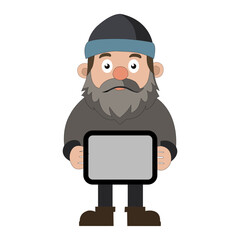 Cartoon Bearded Man Holding Blank Signboard