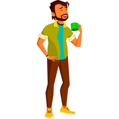 Man Standing Holding A Green Mug Wearing A Green Shirt And Brown Pants With Eyes Closed In Happiness With Transparent Background