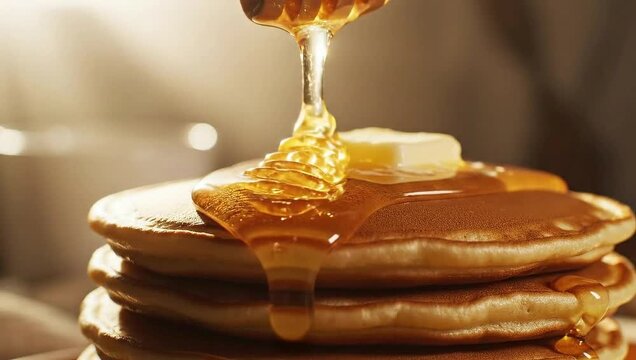 Golden Syrup Cascade: A stack of fluffy pancakes is doused in a glistening waterfall of syrup, topped with a pat of melting butter, evoking a sense of warmth, sweetness, and culinary delight.