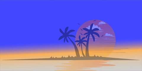 Scenery beach at sunset with sun and palm silhouette vector.