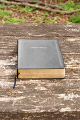 Holy Bible with a dark cover, gold-edged pages, and bookmark, resting alone on a textured, weathered rustic wooden table. Outdoor setting. Symbolizes faith, religion, and study.