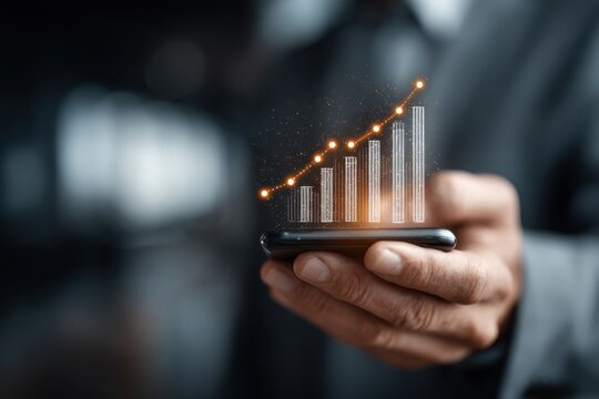 Person uses mobile phone to analyze rising financial stock market graph