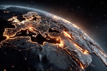 Globe view shows Europe and Africa with data connections at nighttime