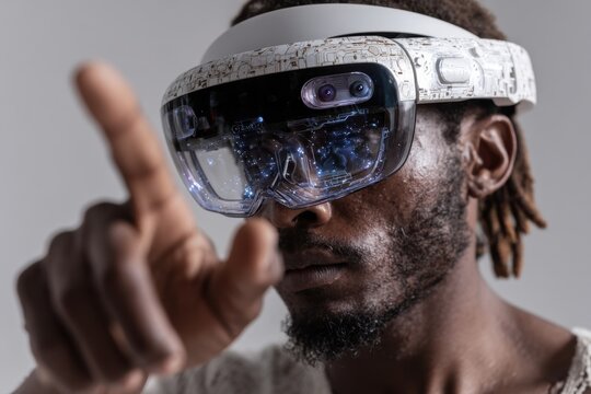 Man wearing a virtual reality headset interacting with a digital interface indoors