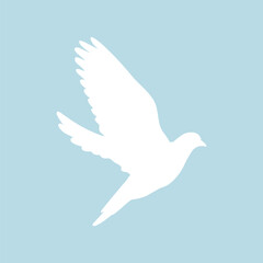 White flying dove silhouette on blue background. Symbol of peace. Vector illustration