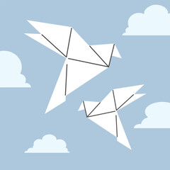 Two white origami doves flying in the sky. Folded paper birds. Origami pigeons. Vector illustration