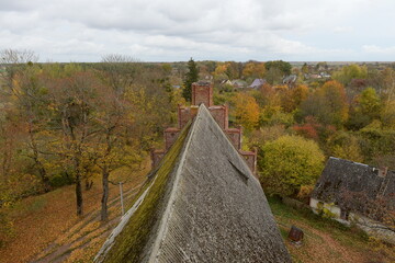 Autumn view of Druzhba village from Allenburg Church, Kaliningrad region, Russia
