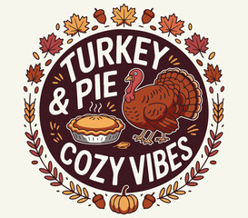 Turkey & pie cozy vibes T-shirt design.  Thanks given T-shirt design.