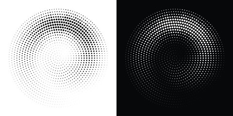 Halftone Circular Dot Pattern. Circle Frame using Halftone Dots Texture. Polka Dots. Spiral logo. Radial design element. Vector