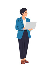 Vector illustration of a confident businesswoman standing with a laptop in hand. Professional female character in a blue blazer and dark pants on transparent background, modern flat design