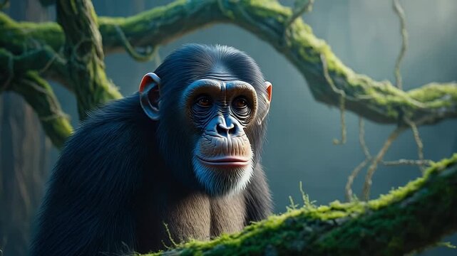 A majestic primate, a chimpanzee, is captured in a detailed close-up within its natural habitat. The animal features expressive eyes and intricate facial details, initially gazing directly at the view