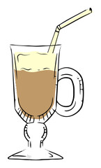 Illustration of a coffee cocktail served in a transparent elegant glass with a straw on white background.