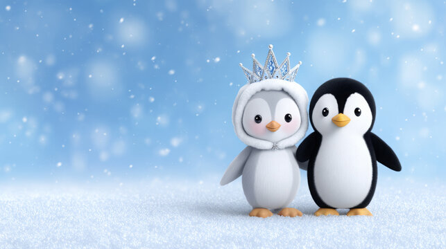 Two adorable cartoon penguins, one wearing a crown and winter attire, stand together on a snowy landscape, surrounded by a soft blue background, evoking a cheerful winter atmosphere