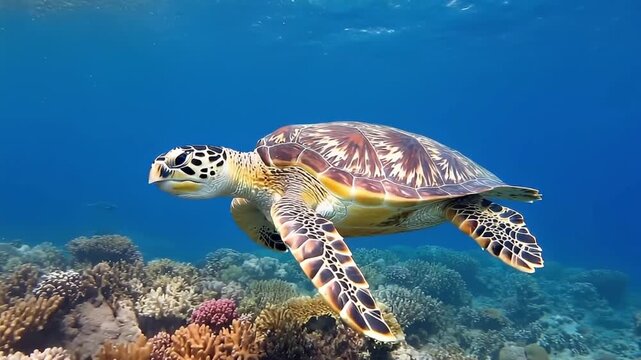 A majestic sea turtle glides gracefully through crystal-clear blue ocean waters, effortlessly swimming over a vibrant and diverse coral reef. The intricate patterns on its shell and skin are beautiful