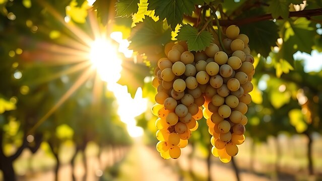 torrontes. Sunlight through vine leaves highlighting ripe Torrontes grapes in an Argentinian vineyard. bar promotions, beverage menus, designed for food & beverage menus and cafe branding.