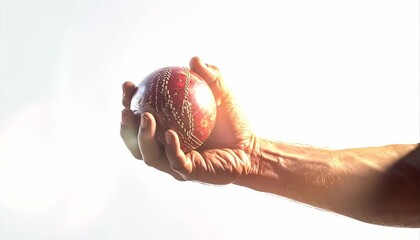 Close-up of a hand holding a red cricket ball against a bright background. - Powered by Adobe