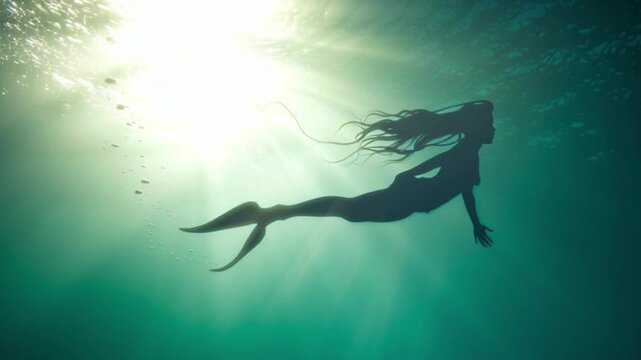 Mystical mermaid silhouette swimming gracefully underwater, sunlight rays piercing ocean surface, fantasy aquatic world scene, ethereal marine mythology concept, serene dreamy sea creature environment