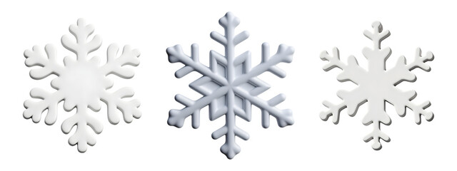 Set of four white and silver snowflakes in different designs 3D render on transparent background