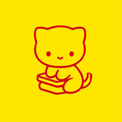 Cute cartoon kitten icon with books, red and yellow, representing studying or reading