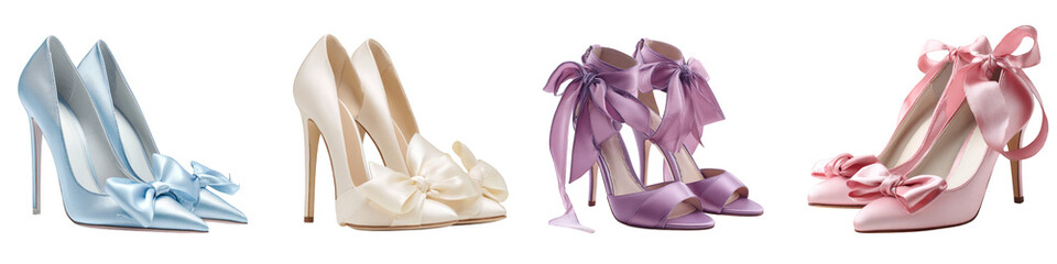 Elegant high heel shoes in pastel colors with bows on transparent background