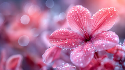 Fototapeta premium Pink flower with water droplets in soft bokeh light and dreamy macro background