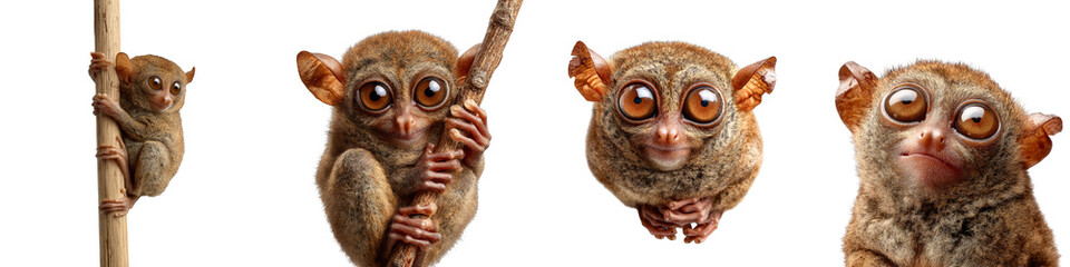 Cute tarsier climbing tree branch expressive faces on transparent background