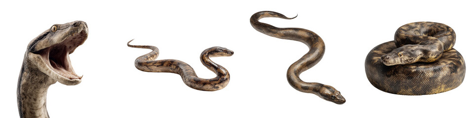 Obraz premium Realistic snake collection various poses exotic reptiles on transparent background