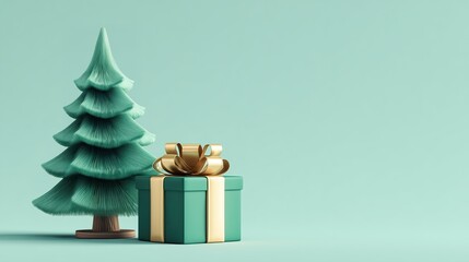 Unique Green Christmas Tree With a Gold Ribbon Gift Box Set Against a Light Mint Background