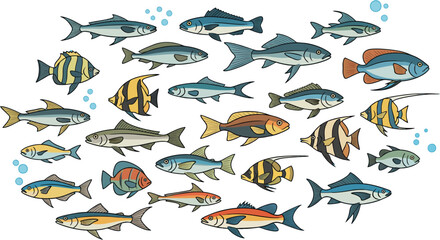 Set of fish and sea animal vector illustrations