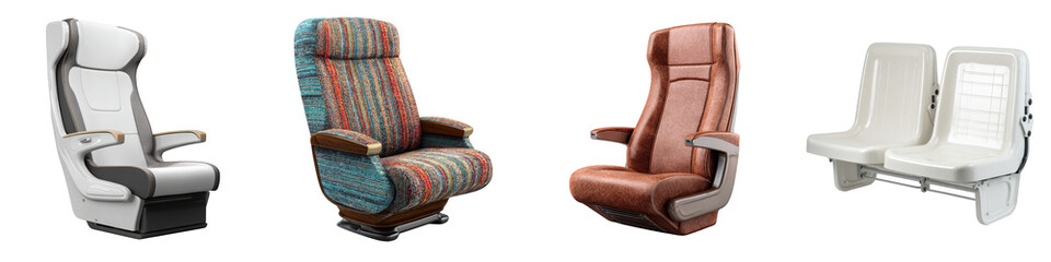 Modern seating designs featuring four distinct chair styles on transparent background