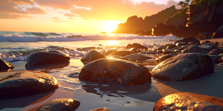 Golden sunlight illuminates a serene rocky beach as gentle ocean waves wash ashore during a breathtaking sunset or sunrise, creating a tranquil coastal landscape