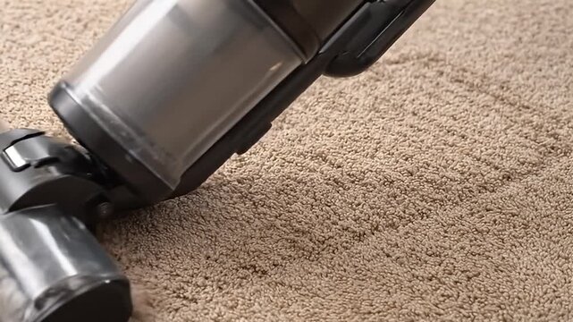 Vacuum cleaner cleaning carpet, close-up of the nozzle and fluffy surface, domestic work
