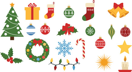 Collection of festive christmas holiday decorations and ornaments for festive seasonal celebrations and winter decor