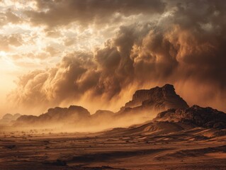 Massive Dust Storm Sweeping Across a Rocky Desert Landscape at Sunset, Creating Hazy Conditions with Golden Light - Extreme Weather, Arid Environment, Powerful Scenery