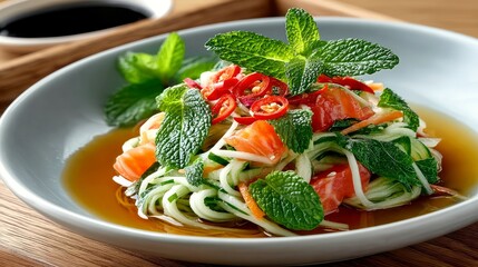 A vibrant and refreshing salmon salad featuring thinly sliced salmon, cucumber noodles, carrots, red chili, and fresh mint leaves, served in a light broth.