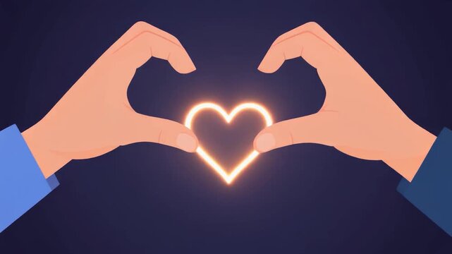 Two hands forming a heart shape with a glowing neon heart in the center symbolizing love and connection.