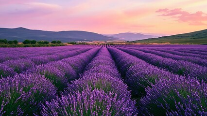 Fototapeta premium Vast rows of purple lavender field blooming at sunset, with sun rays illuminating the hills of Provence, France
