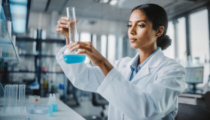Fototapeta premium Scientist Analyzing Blue Liquid in Modern Laboratory – Biotechnology and Medical Research Concept